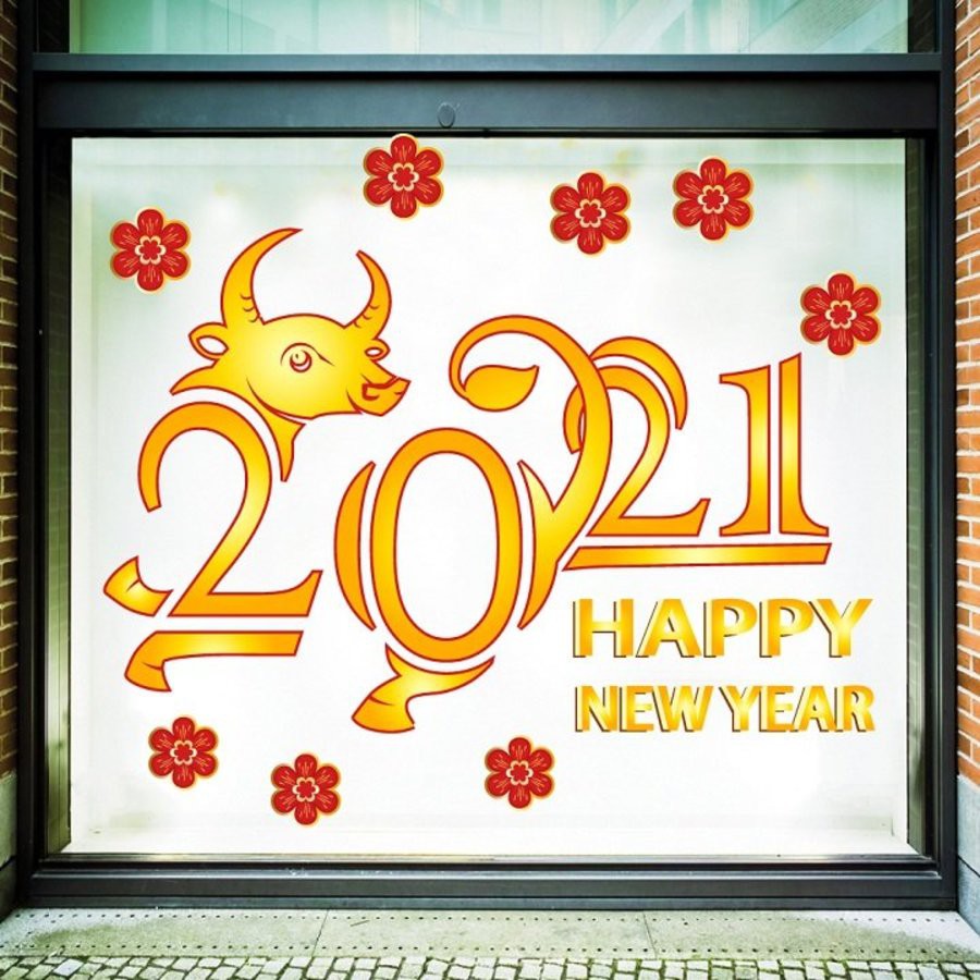 Decal chúc Tết 2021 - happy new year có keo sẵn dán được trên tường và kính