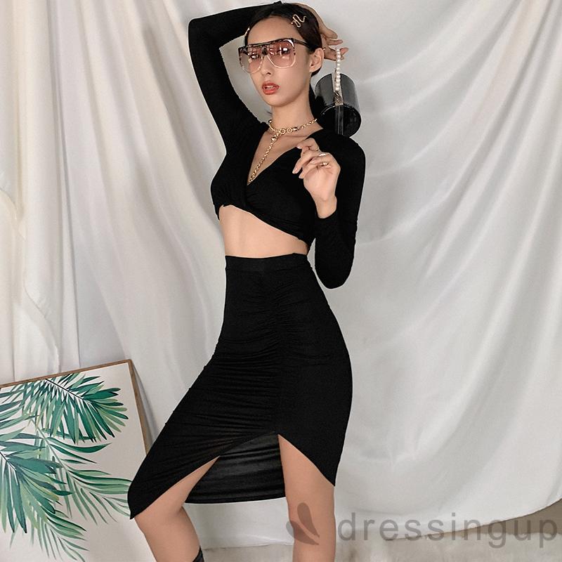 Set áo ngắn dài tay + chân váy xẻ tà thời trang dành cho nữ | BigBuy360 - bigbuy360.vn