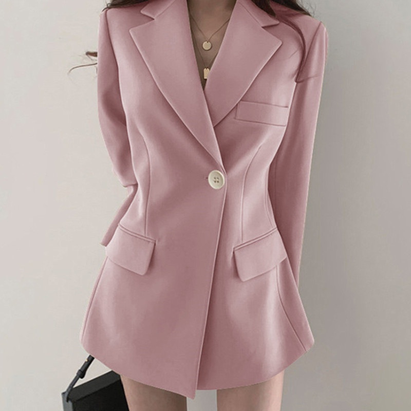 Áo khoác blazer IELGY dài tay màu trơn phong cách cổ điển Hồng Kông cho nữ