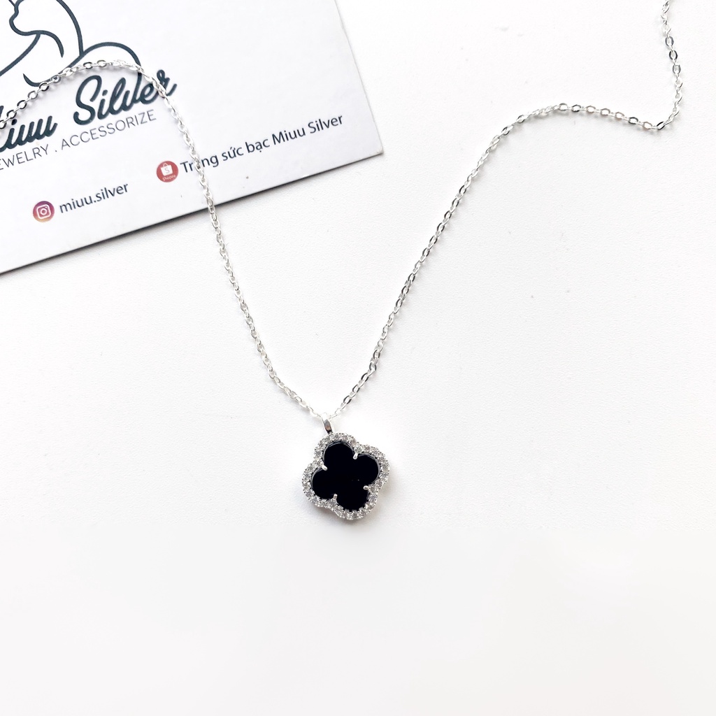 Dây chuyền nữ bạc 925 Miuu Silver, vòng cổ bạc nữ Cỏ 4 Lá đính đá đen Clover Necklace