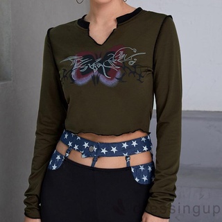 Áo croptop tay dài dáng ôm in họa tiết cổ điển màu xanh lá thời trang xuân thu cho nữ
