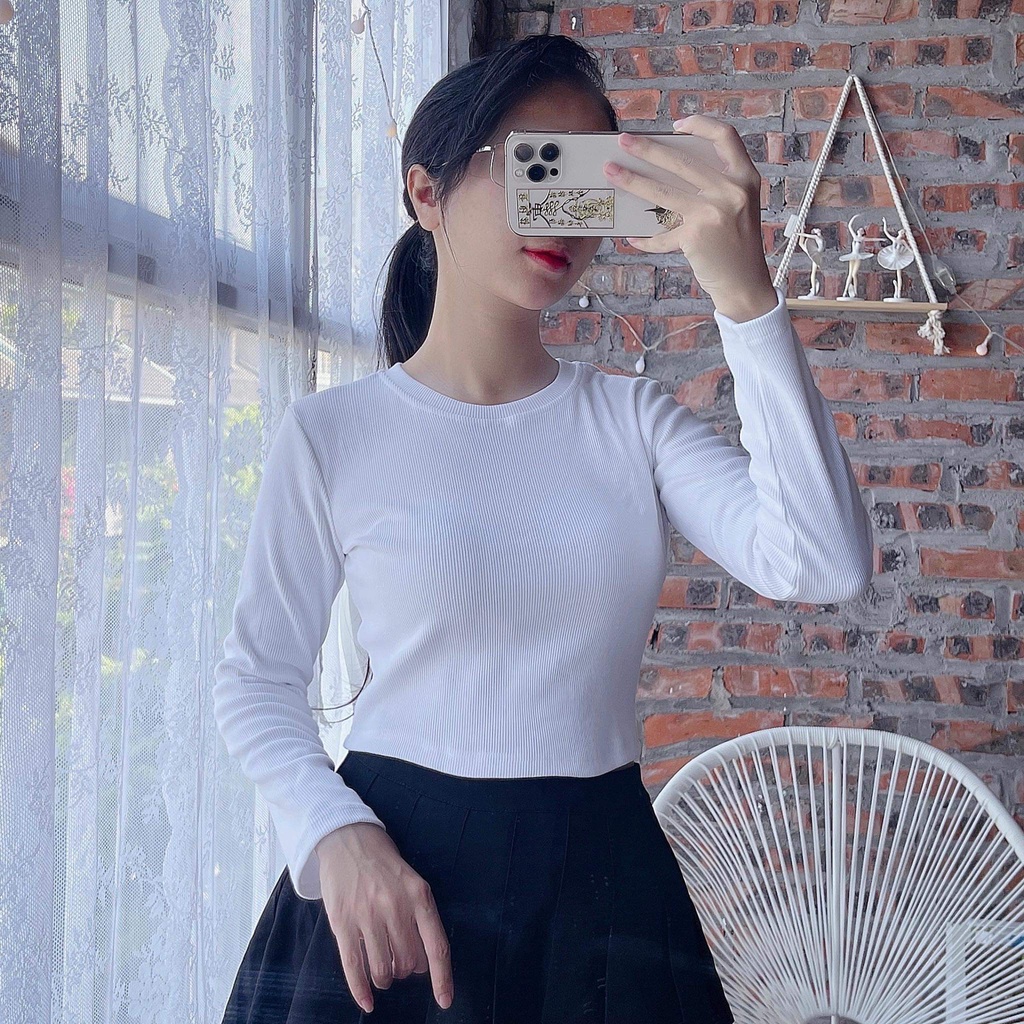 Áo thun croptop nữ dài tay cổ tròn dáng ôm Madela ,  croptop nữ tay dài ôm dáng cổ tròn trơn basic-ACTNCTDT