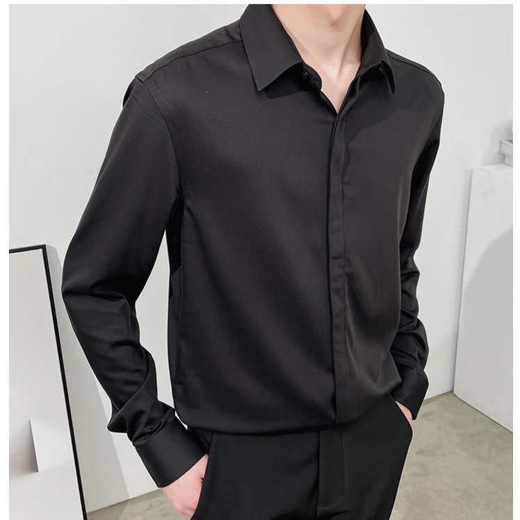 Áo sơ mi nam lụa trơn cao cấp không nhăn kiểu giấu cúc Đen Trắng Nâu - form đẹp vừa ôm , suông rộng thời trang Hàn Quốc
