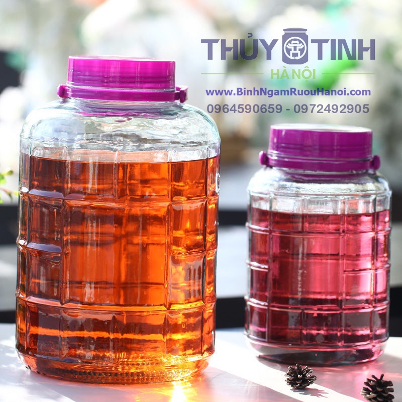 Bình thủy tinh nắp tím quai xách ngâm rượu từ 2 lít đến 20 lít có van xả hoặc không vòi, hũ lọ ngâm rượu, đựng thực phẩm