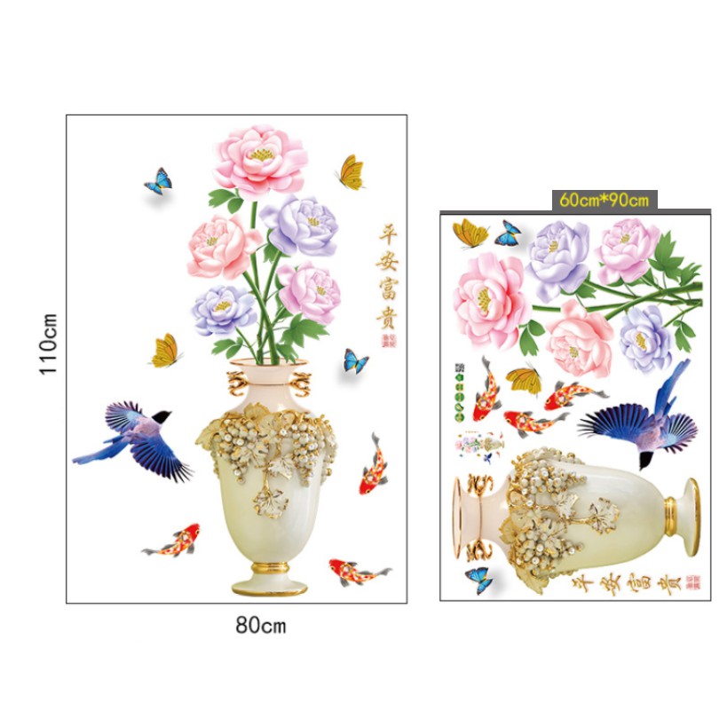 decal trang trí bình hoa cá chim bông sắc màu