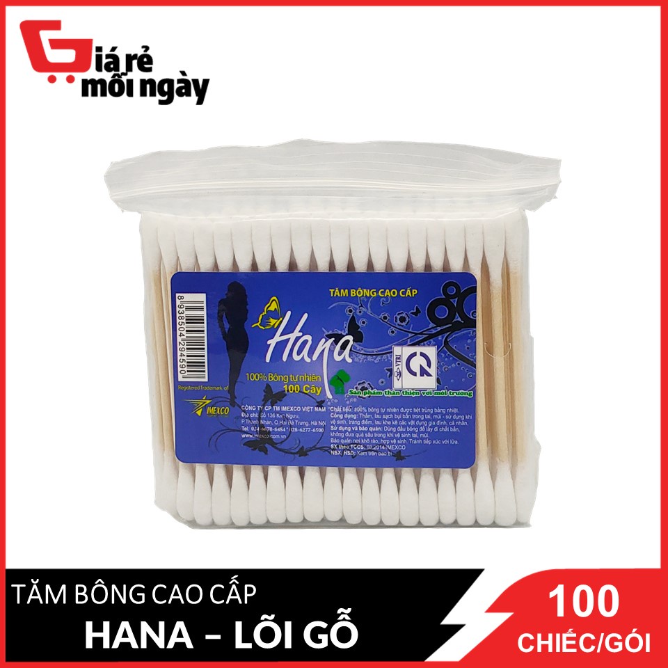 Tăm bông Hana (Xanh Đậm) gói Poly - 100c (lõi gỗ)