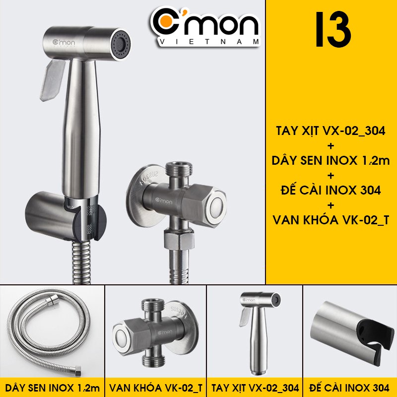 Bộ vòi xịt vệ sinh INOX 304 cao cấp C'mon VX-02-I + van khóa T C'mon VK-02-T