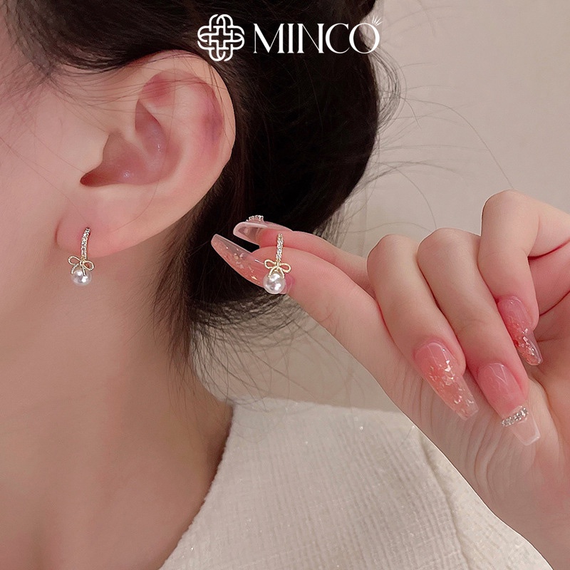 Bông tai nơ nữ Minco Accessories ngọc trai nhân tạo phong cách thời trang tiểu thư BT305