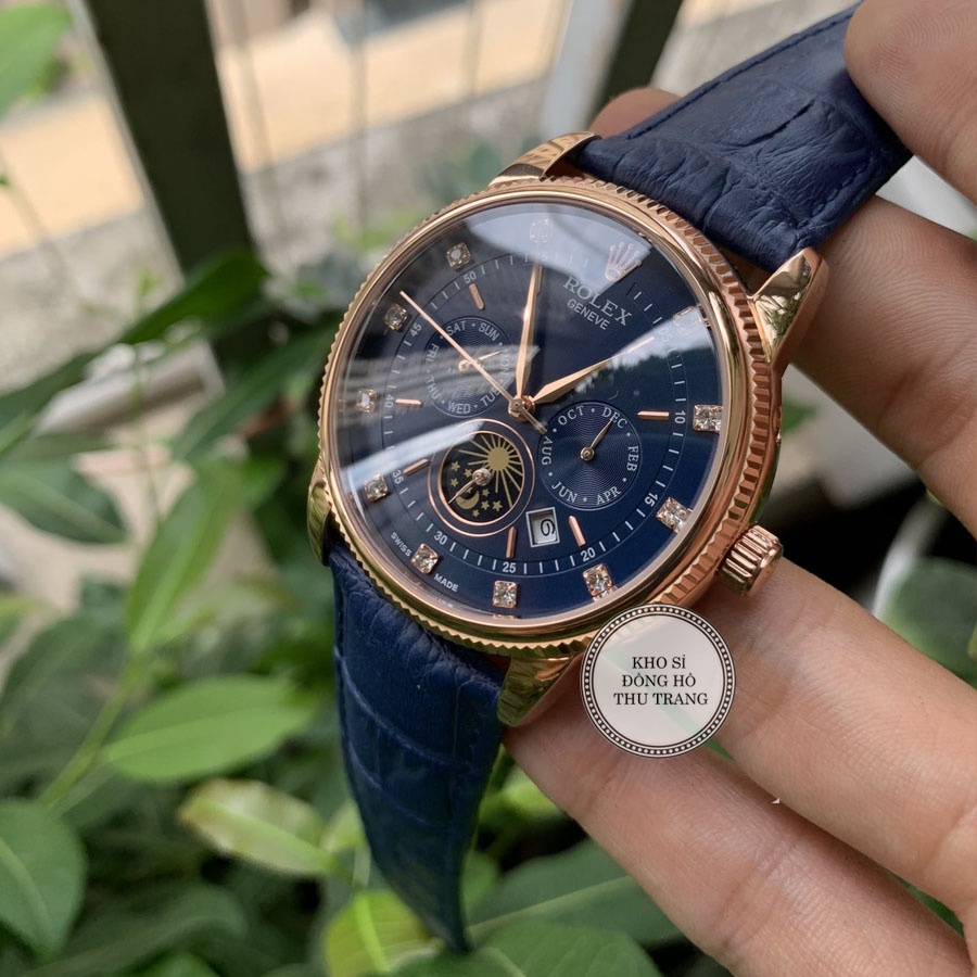 Đồng hồ Nam Rolex máy nhật, mẫu 6kim đính đá, mặt xanh viền vàng, dây da, dòng cơ Automatic size 40mm-41mm | BigBuy360 - bigbuy360.vn