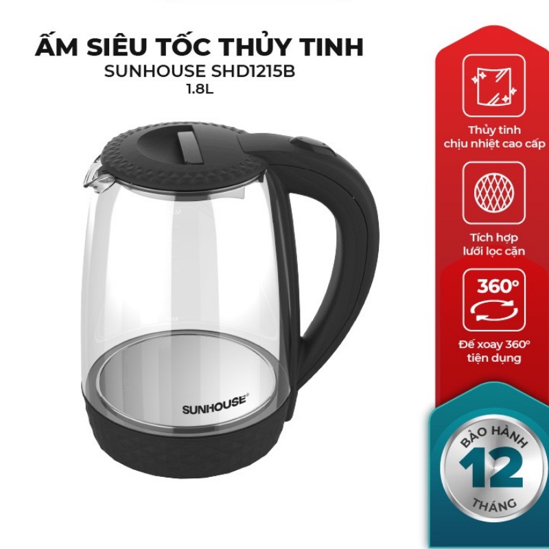 Ấm Siêu Tốc Thủy Tinh Sunhouse - Bình Siêu Tốc Sunhouse 1,8L Công Suất Lớn Có Đèn Led Tiện Lợi - Bảo Hành 12 Tháng