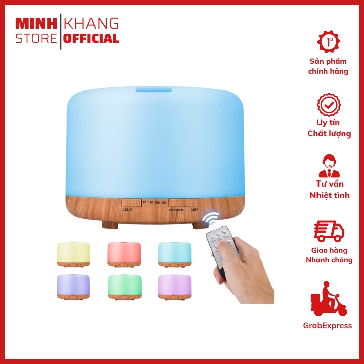 Máy Khuếch Tán Tinh Dầu Phun Sương HÌNH TRỤ TRÒN VÂN GỖ 500ML tặng kèm tinh dầu 10ml