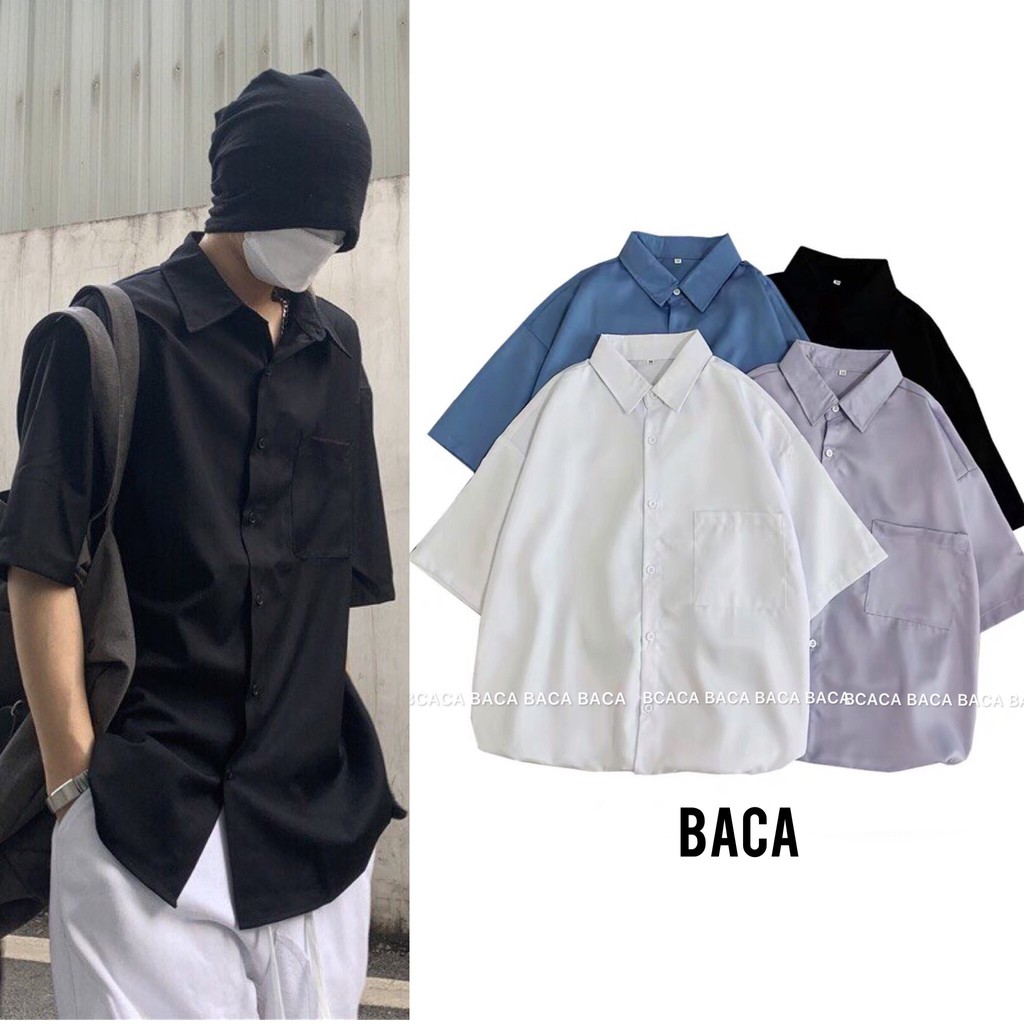 Áo Sơ Mi Tay Lỡ Unisex Thương Hiệu BACA Màu Đen Có Túi Form Rộng Chất Vải Lụa Mềm Mát US021