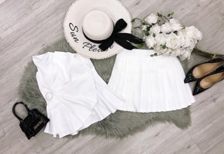 Set áo phi nơ cúp ngực eo khoen+ váy dập ly xoè