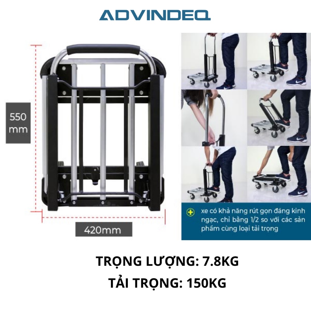 Xe đẩy hàng 4 bánh gấp gọn ADVINDEQ HT-150A, khung xe bằng thép sơn tĩnh điện siêu chắc chắn, tải trọng tới 150kg