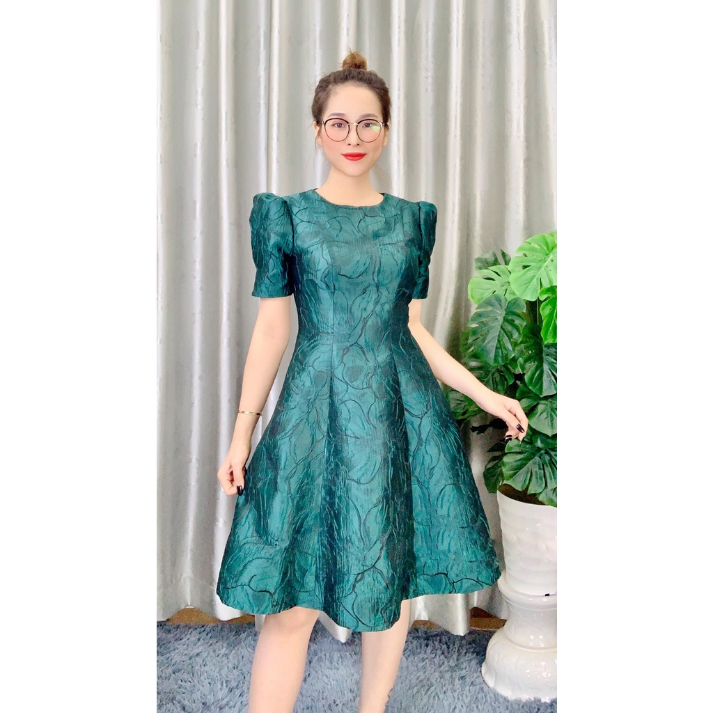 Váy Thiết Kế VNXK - Đầm Công Sở Gấm Tay Bồng Dáng Xoè Cao Cấp Sang Trọng - TINI Shop