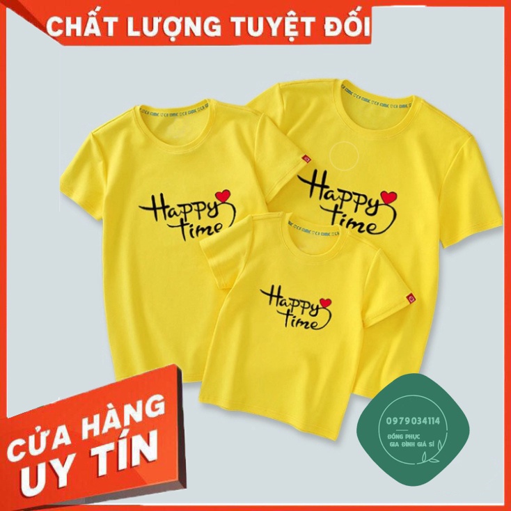 Áo gia đình Happy time Đồng phục gia đình 3/4/5 người đi biển giá rẻ Thun cotton Màu vàng GD0002v Áo thun giá sỉ