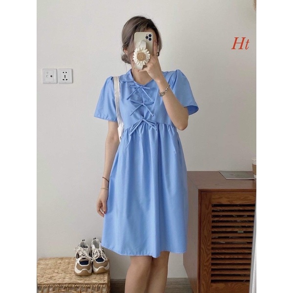 Váy baby doll xanh 3 hàng nơ H2V566