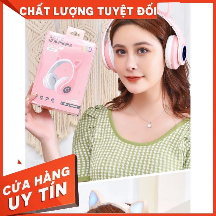 Tai nghe mèo bluetooth chụp tai cao cấp, Tai nghe mèo hồng dễ thương có micro đàm thoại, chơi game. Headphone phát sáng