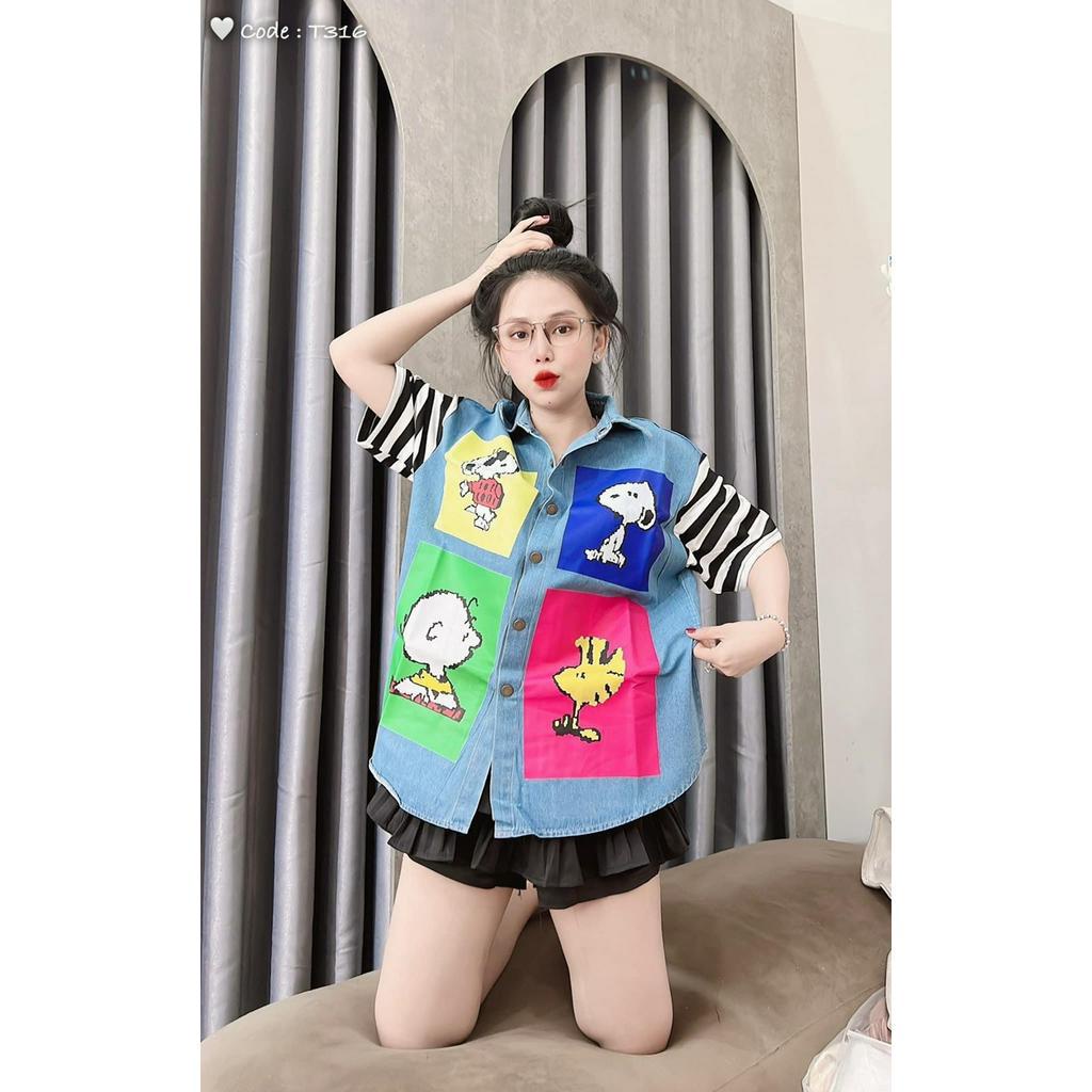 Áo sơ mi jean in ô vuông hoạt hình sọc tay