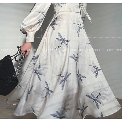 Đầm Lụa satin Cao Cấp Tay Phồng Dài In Họa Tiết Phong Cách Pháp Thời Trang Mùa Thu Cho Nữ