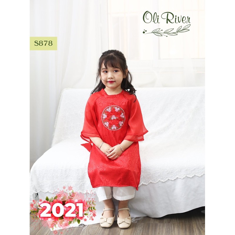 Oliriver - Áo dài bé gái cách tân xinh yêu đón tết 1-10y (10-35kg). Chất liệu áo lụa gấm thêu tay, quần lụa phi - S878