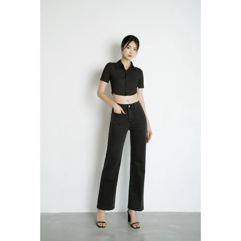 Áo thun nữ Méo shop form ôm cổ sơ mi tay ngắn croptop Navi