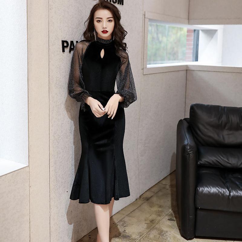 Đầm đuôi cá dáng ôm vải nhung màu đen sang trọng thời trang xuân thu