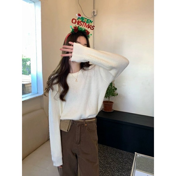Sẵn trắng- Áo len nữ trơn màu Hàn Quốc form vừa