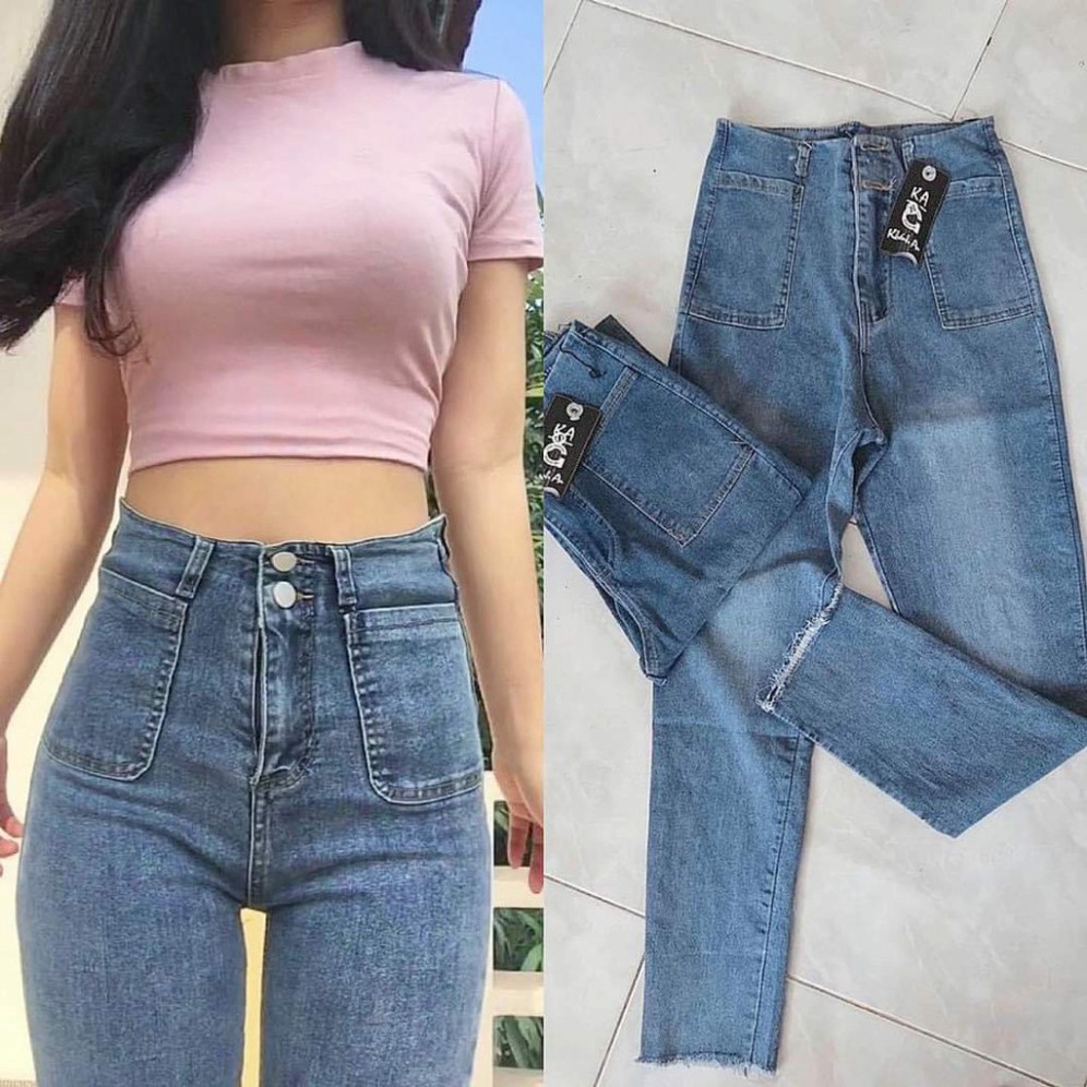 Quần jean bó ⚡️TÔN DÁNG ⚡️ Quần bò cạp cao thiết kế 2 khuy, vải loại 1 dày mịn | BigBuy360 - bigbuy360.vn
