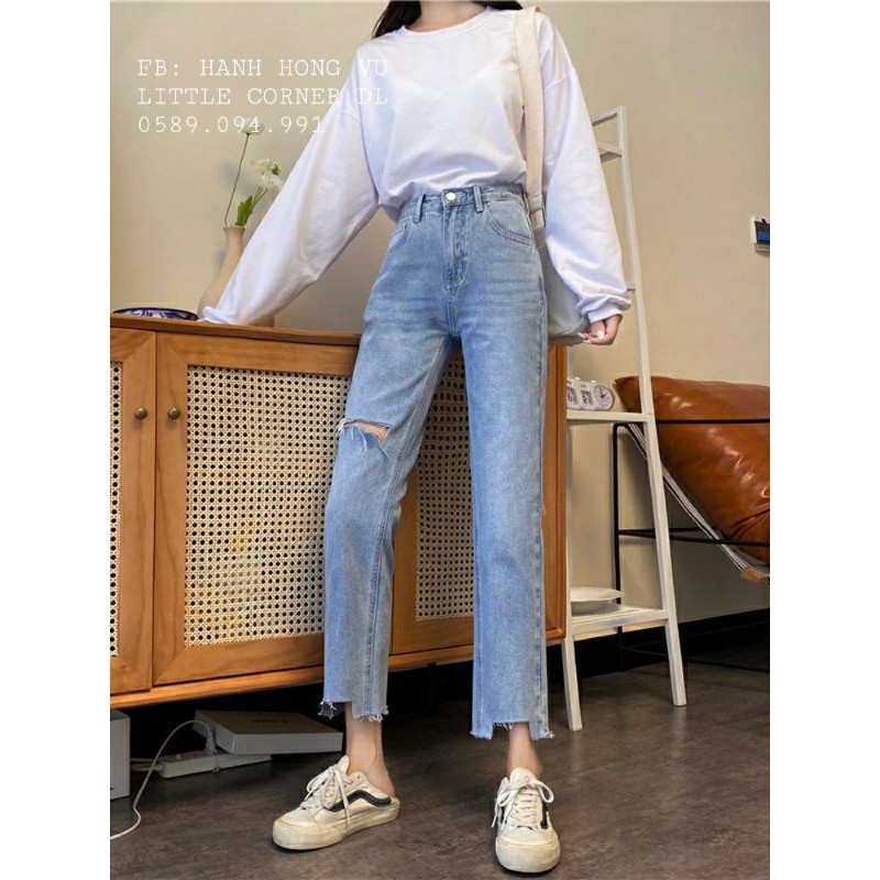 Quần slim baggy jean🔝 FREESHIP🔝Baggy Jean  ống suông xanh rách gấu đùi kiểu lưng cao ulzzang quảng châu kèm ảnh thật