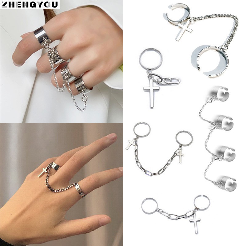 Bộ nhẫn phối dây xích và thánh giá phong cách hip hop cổ điển thời trang dành cho nam và nữ