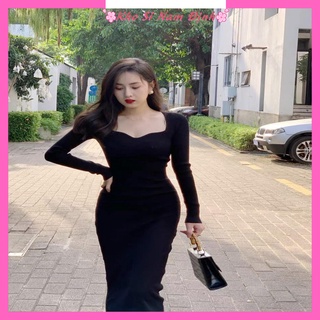 Váy nữ xinh , Đầm nữ dài body chất len tăm cổ lượn tim trend thu đông 2021