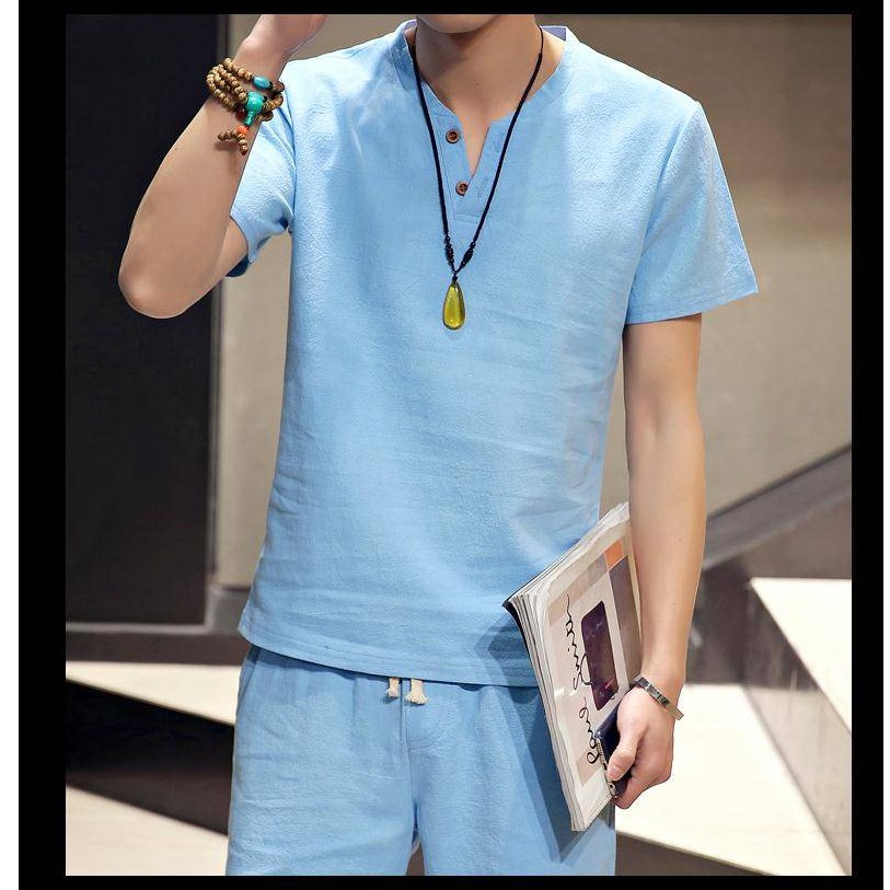 [SIÊU HOT] Bộ Đũi Nam Thời Trang Cổ Chữ V Thoáng - Mát - Nhẹ - Thấm Hút Mồ Hôi Phong Cách Hàn Quốc | BigBuy360 - bigbuy360.vn