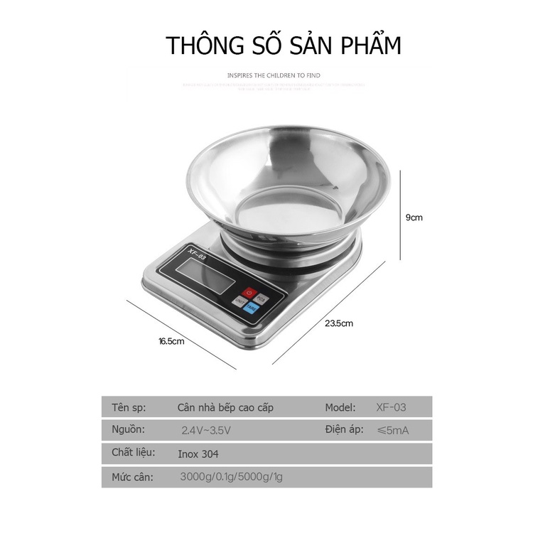 Cân điện tử nhà bếp chính xác XF-03 bằng inox có kèm tô đựng