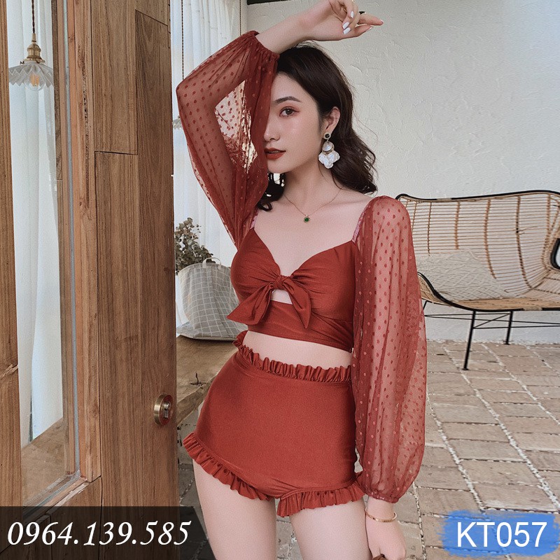 Bikini 2 mảnh kín đáo che khuyết điểm, tay lưới bi sexy quyến rũ, vải bơi dày dặn, co giãn tốt