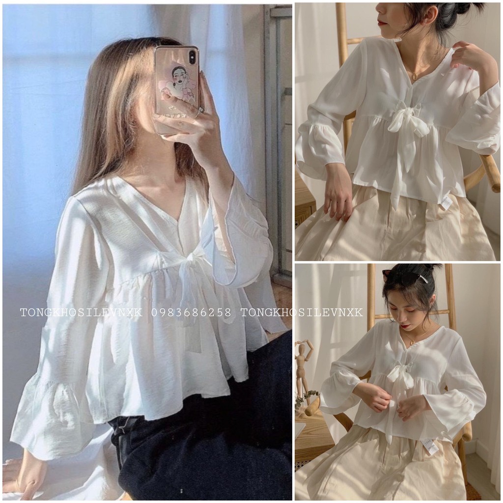 ÁO BABYDOLL TRẮNG TRƠN BUỘC NƠ CỔ V TAY LOE ULZZANG