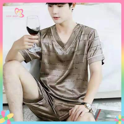 Bộ đồ ngủ ngắn tay vải lụa lạnh thời trang mùa hè Hàn Quốc cho nam