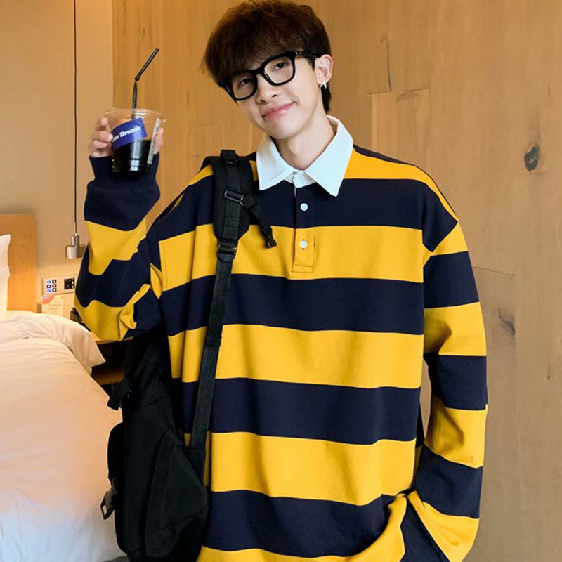 Áo Thun Nam Tay Dài Có Cổ Họa Tiết Sọc Phong Cách Hip Hop Năng Động