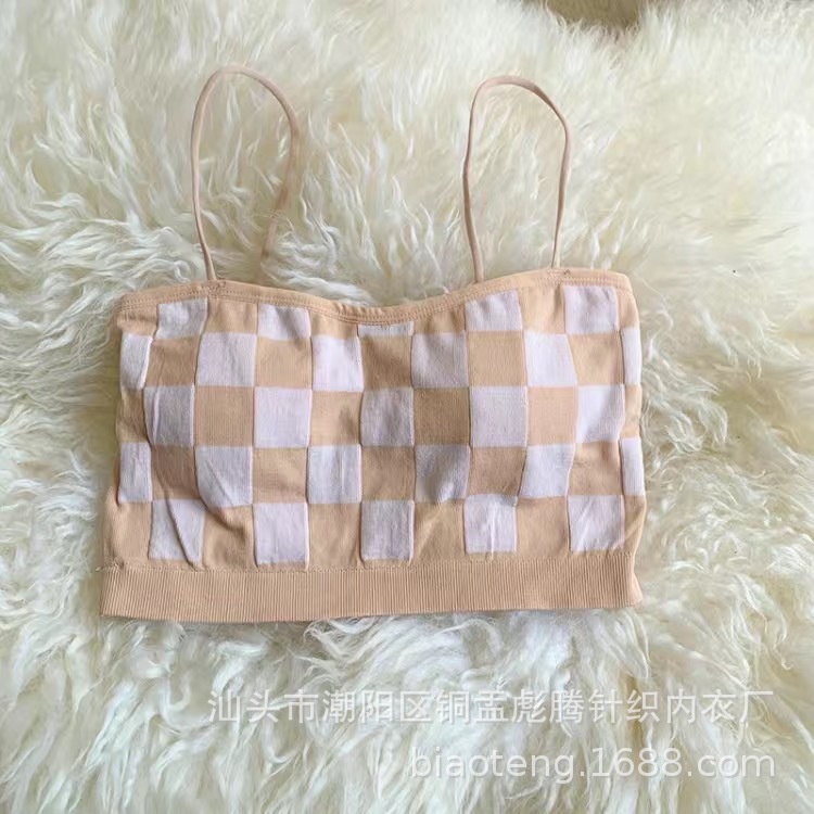 Áo Lót Hai Dây Không Đường May In Họa Tiết Sọc Ca Rô Thời Trang 2022 Cho Nữ