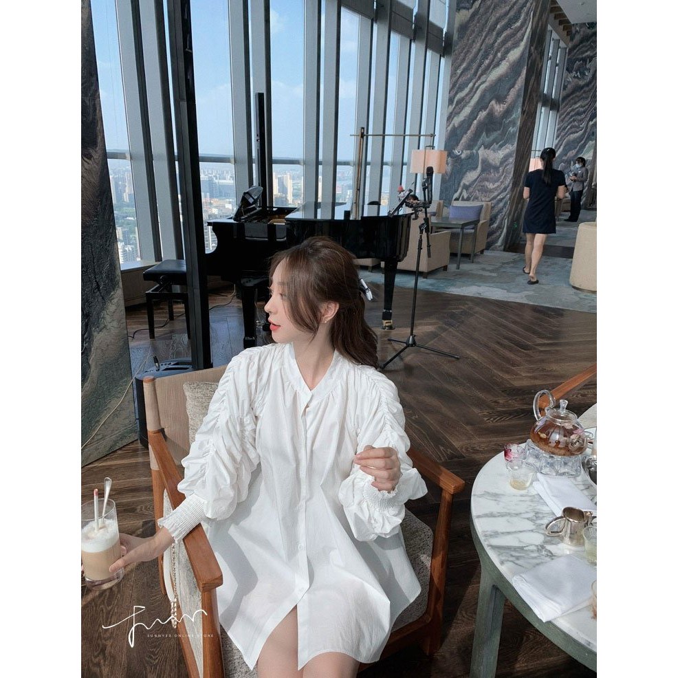 Áo Sơ Mi Nữ Trắng Cổ Tàu 🦋 Áo Sơmi Dài Tay Nhúm Ulzzang