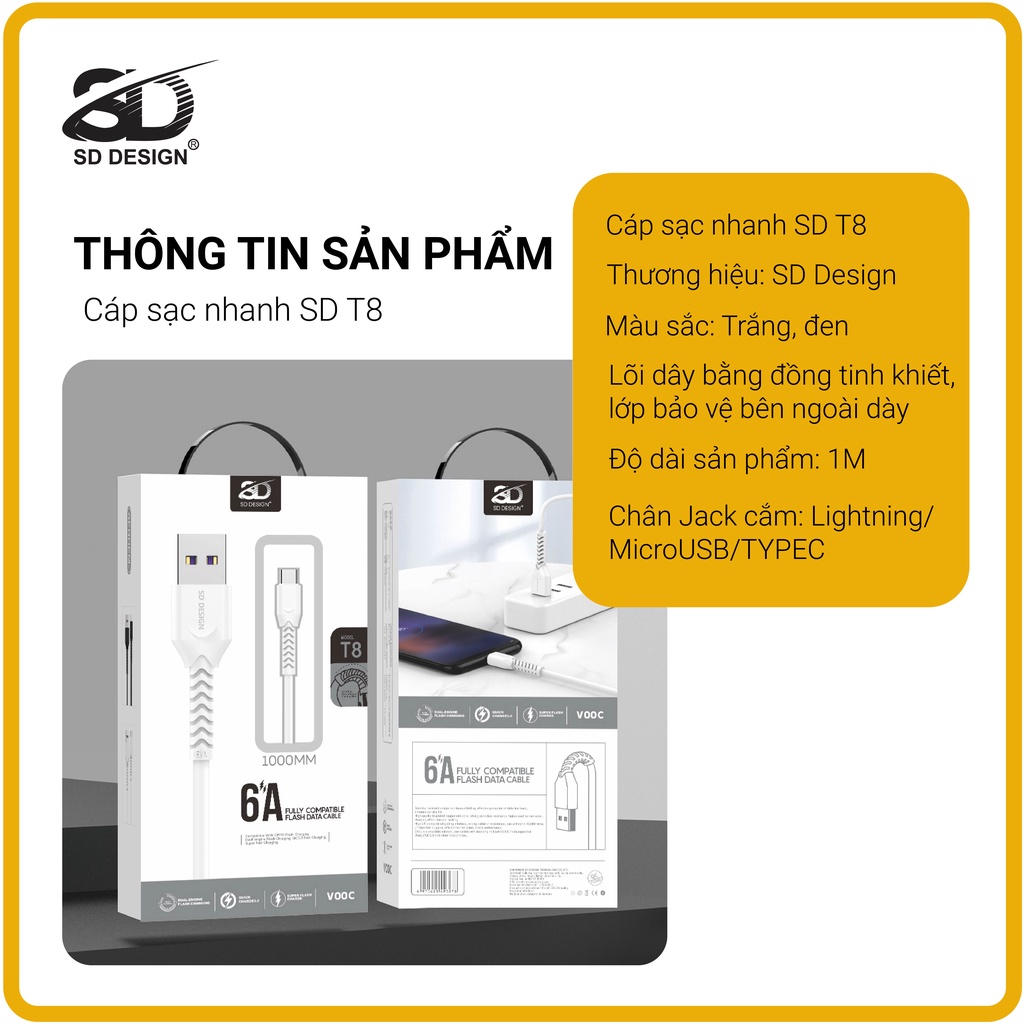 Cáp sạc chính hãng SD DESIGN T8 giúp sạc nhanh, đầy đủ chân lightning Iphone, MicroUSB, Type C