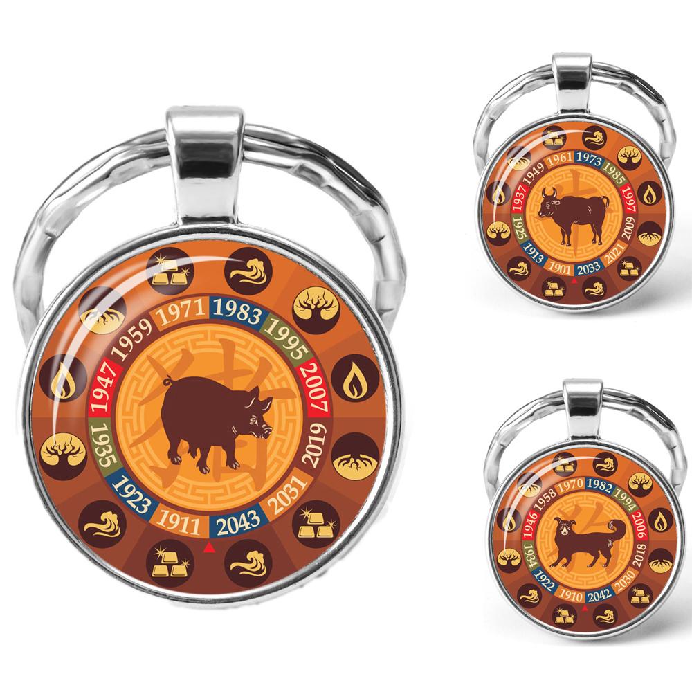 Móc Khóa Mặt Kính Cabochon Hình 12 Cung Hoàng Đạo