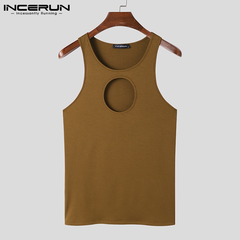 Áo thun ba lỗ INCERUN cổ tròn không tay màu trơn khoét lỗ thời trang cho nam