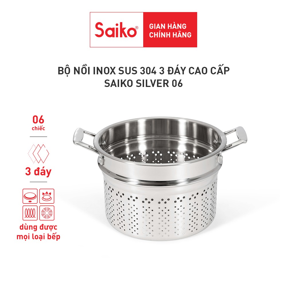 Bộ nồi inox bếp từ 3 đáy cao cấp 1 chõ hấp, 1 chảo, 4 nồi kèm nắp Saiko Silver 06