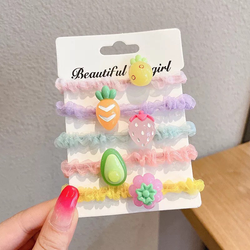 Set 5 scrunchies dây buộc tóc vải voan nữ dây cột tóc bé gái gắn trái cây, động vật, máy ảnh Hàn Quốc Tiệm Của Nhi CT001