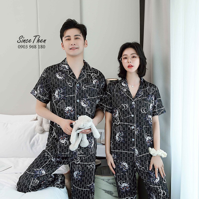 Pijama đôi nam nữ lụa màu đen, đồ ngủ đôi nam nữ mặc nhà - Hàng có sẵn ở TPHCM - Since Then