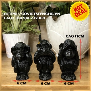 Bộ 3 Tượng đá trang trí bộ ba khỉ tam không - Cỡ trung cao 11cm - Màu đen