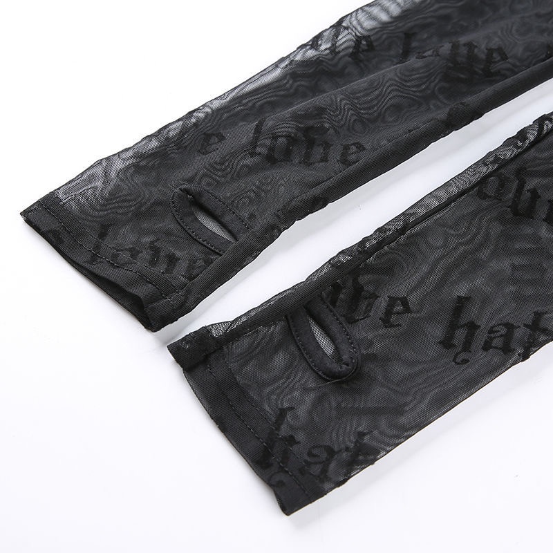 Áo thun lưới TODOBLACK tay dài cổ tròn xuyên thấu in chữ thời trang quyến rũ cho nữ
