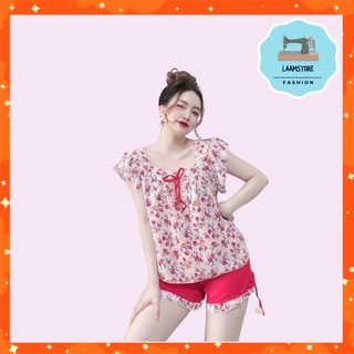 Đồ bộ nữ mặc nhà, bộ lụa đùi mặc nhà cổ vuông quần phối bèo