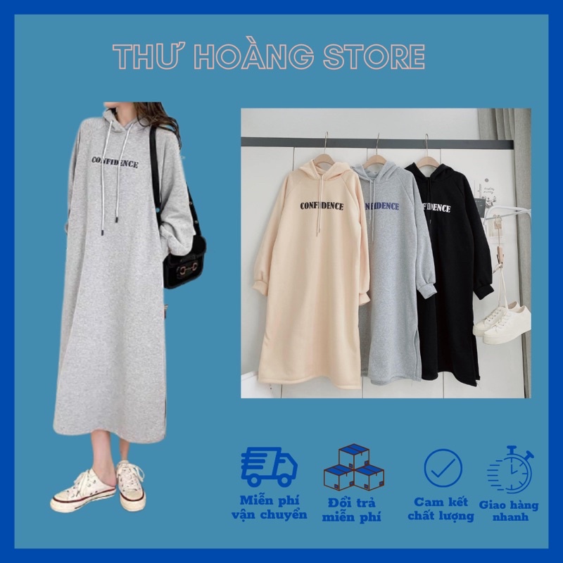 Áo váy Đầm hoodie dáng dài xẻ tà lót bông dày dặn váy suông bầu thu đông | BigBuy360 - bigbuy360.vn